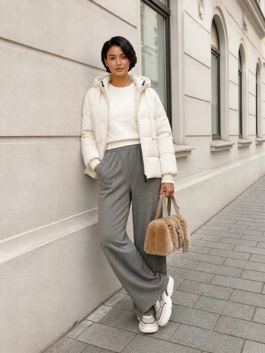 Pinko ivory puffer wide leg trousers sneakers