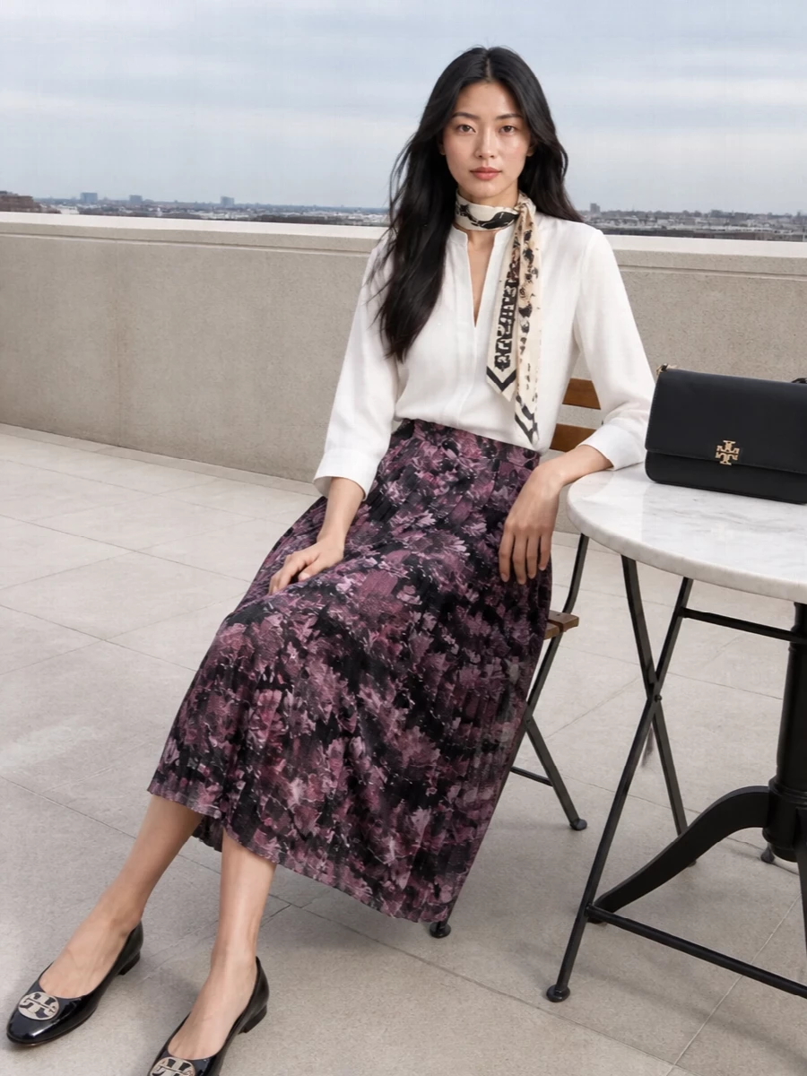 Tory burch floral midi skirt white blouse outfit