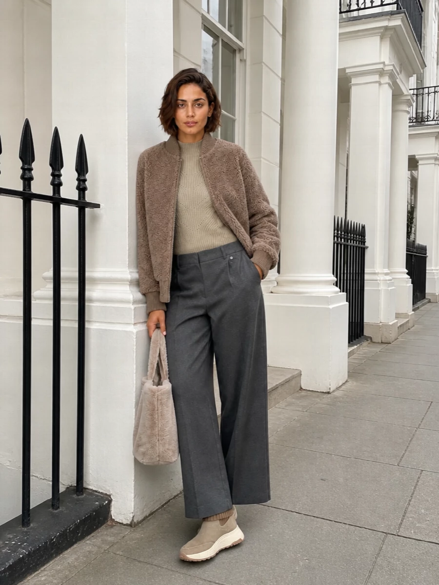 Herno teddy bomber wide leg trousers outfit