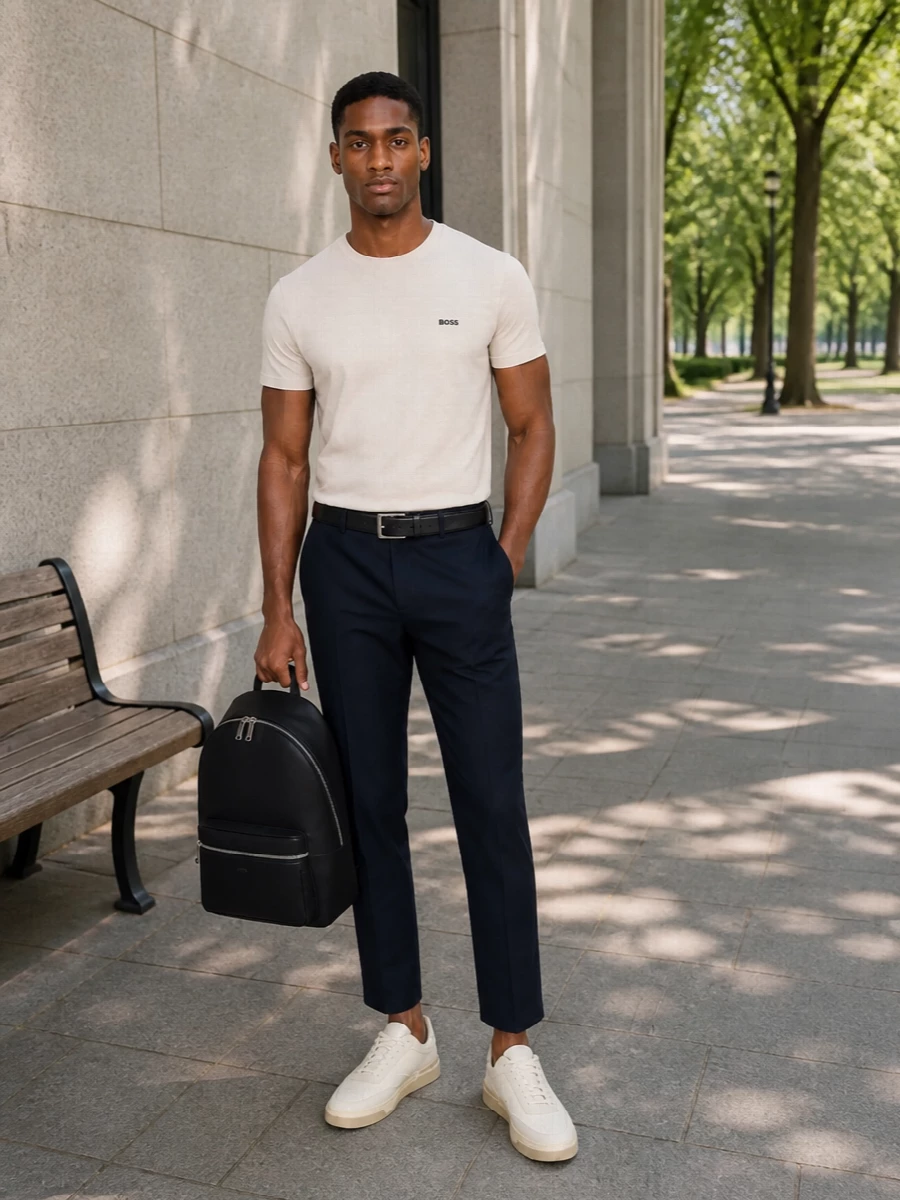 Boss beige tee navy trousers cream sneakers