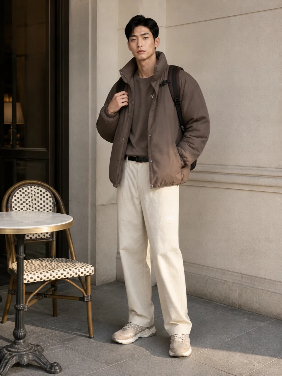 The north face taupe jacket beige pants outfit