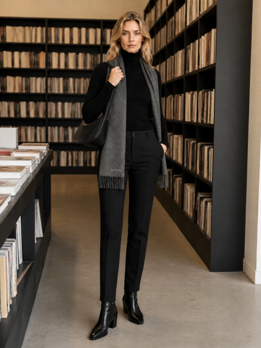 A black ribbed turtleneck pairs with sharply cut black tailored trousers for a long, slim line that feels calm and assured. Sleek black ankle boots and a compact leather shoulder bag keep the mood polished but unfussy, ideal for workdays that can stretch into dinner. The result is a monochrome column with subtle texture shifts rather than loud details, very much in the quiet luxury vein.
