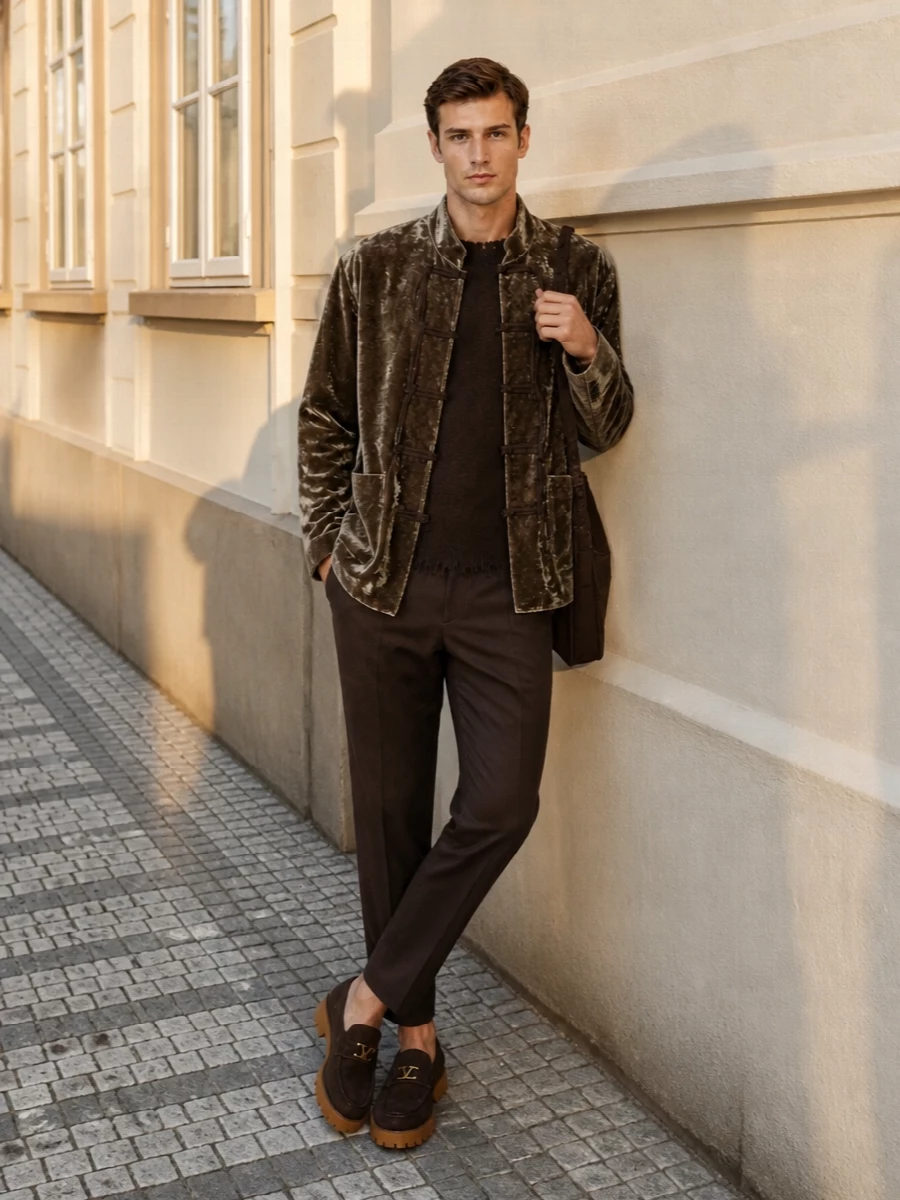 Uma wang velvet jacket brown trousers outfit
