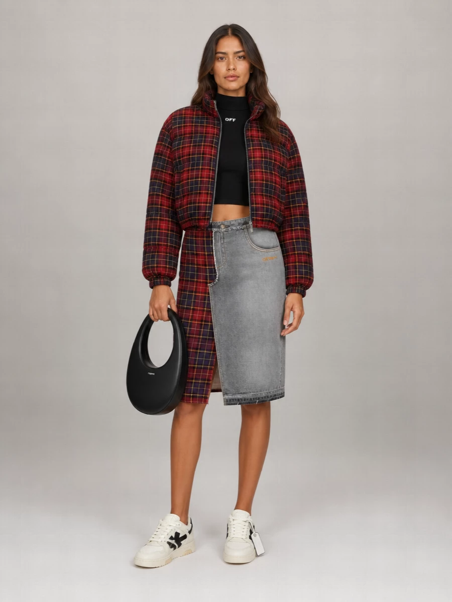 Off-White Check-Print Quilted Cropped Puffer Jacket