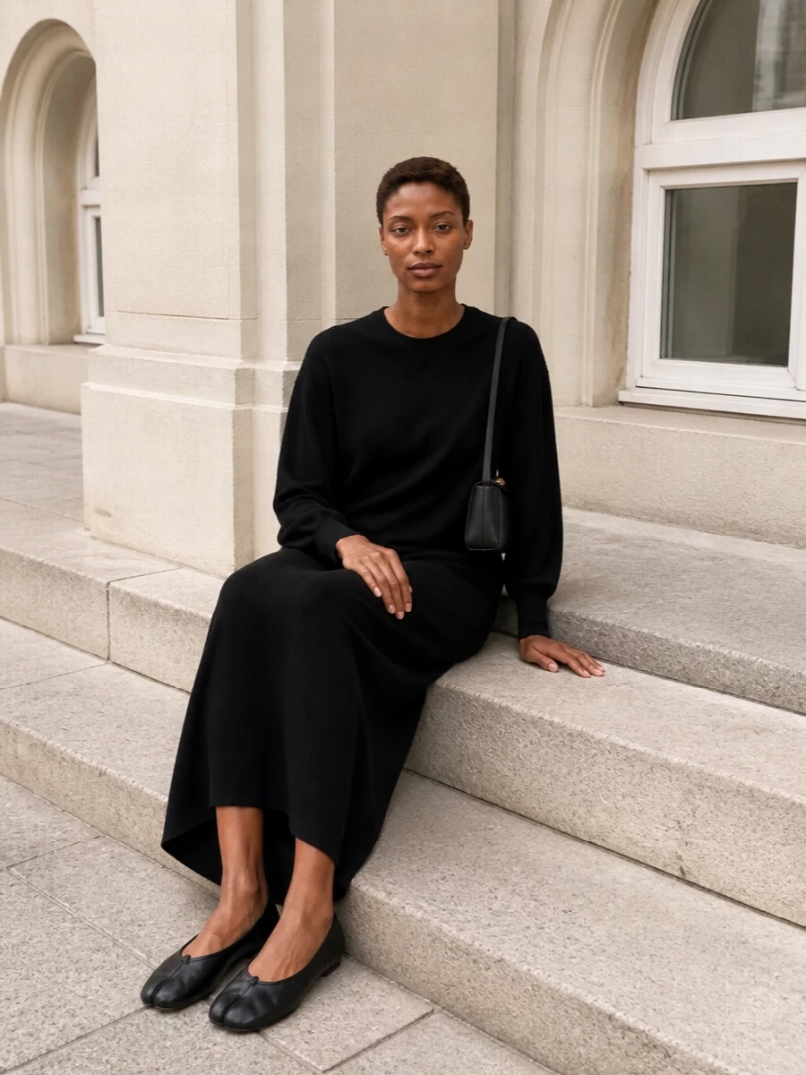 This pairing leans into a monochrome, quietly thoughtful mood: the long black knit dress echoes the Margiela flats’ pared-back line while letting their split toe remain the focal point. The small black baguette keeps the proportions close to the body, so the overall effect stays sleek and minimal rather than evening-formal. I chose the dress path over separates to keep the column uninterrupted and in tune with the shoes’ almost barefoot lightness.