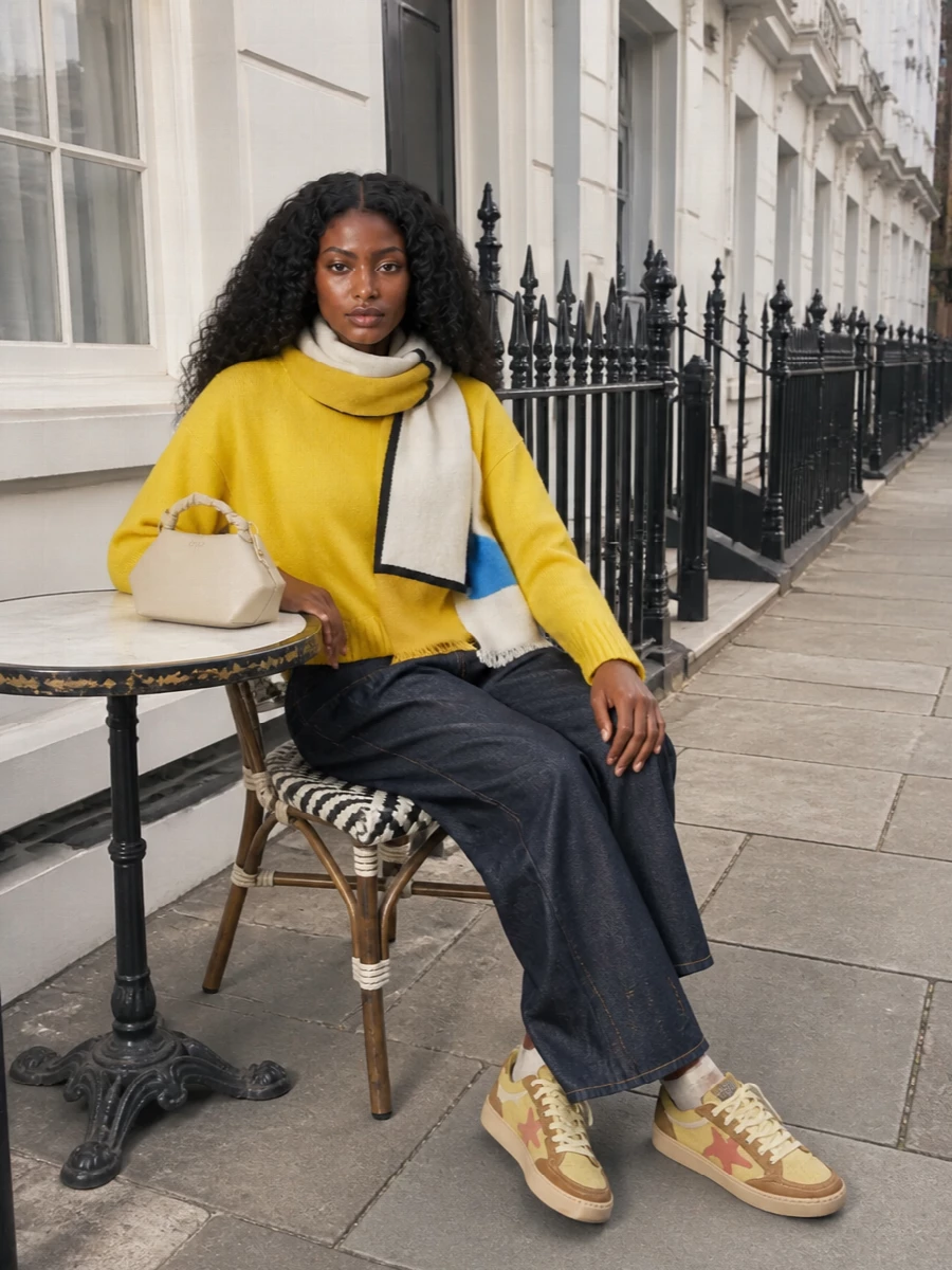 Ganni yellow sweatshirt wide leg jeans sneakers