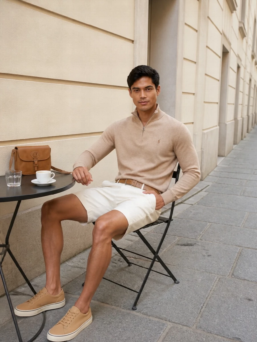 Polo ralph lauren camel half zip ivory shorts outfit