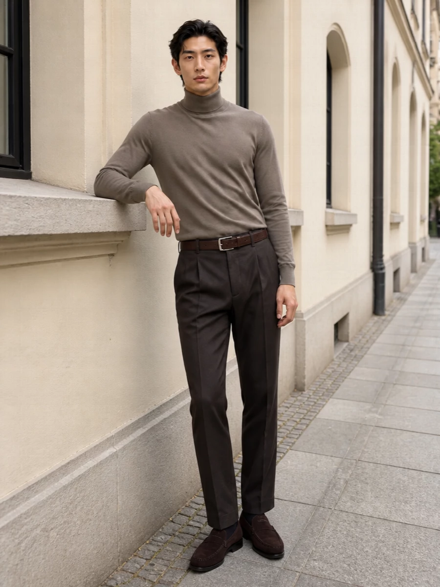 Zegna taupe turtleneck charcoal trousers loafers