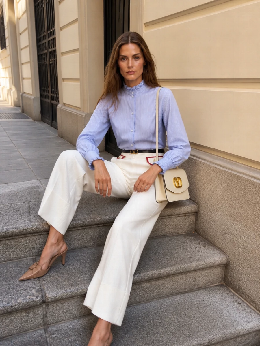 A softly striped Valentino shirt is tucked into pristine ivory wide-leg trousers, creating a long, romantic line that still feels impeccably tailored. Nude slingback heels and a buttercream shoulder bag keep the palette light and leg-lengthening, while a slim black belt adds just enough definition at the waist. It is a quietly luxurious option for days that move from serious meetings to elegant dinners without a change of outfit.