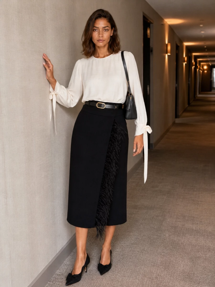 Alberta ferretti black feather midi skirt outfit
