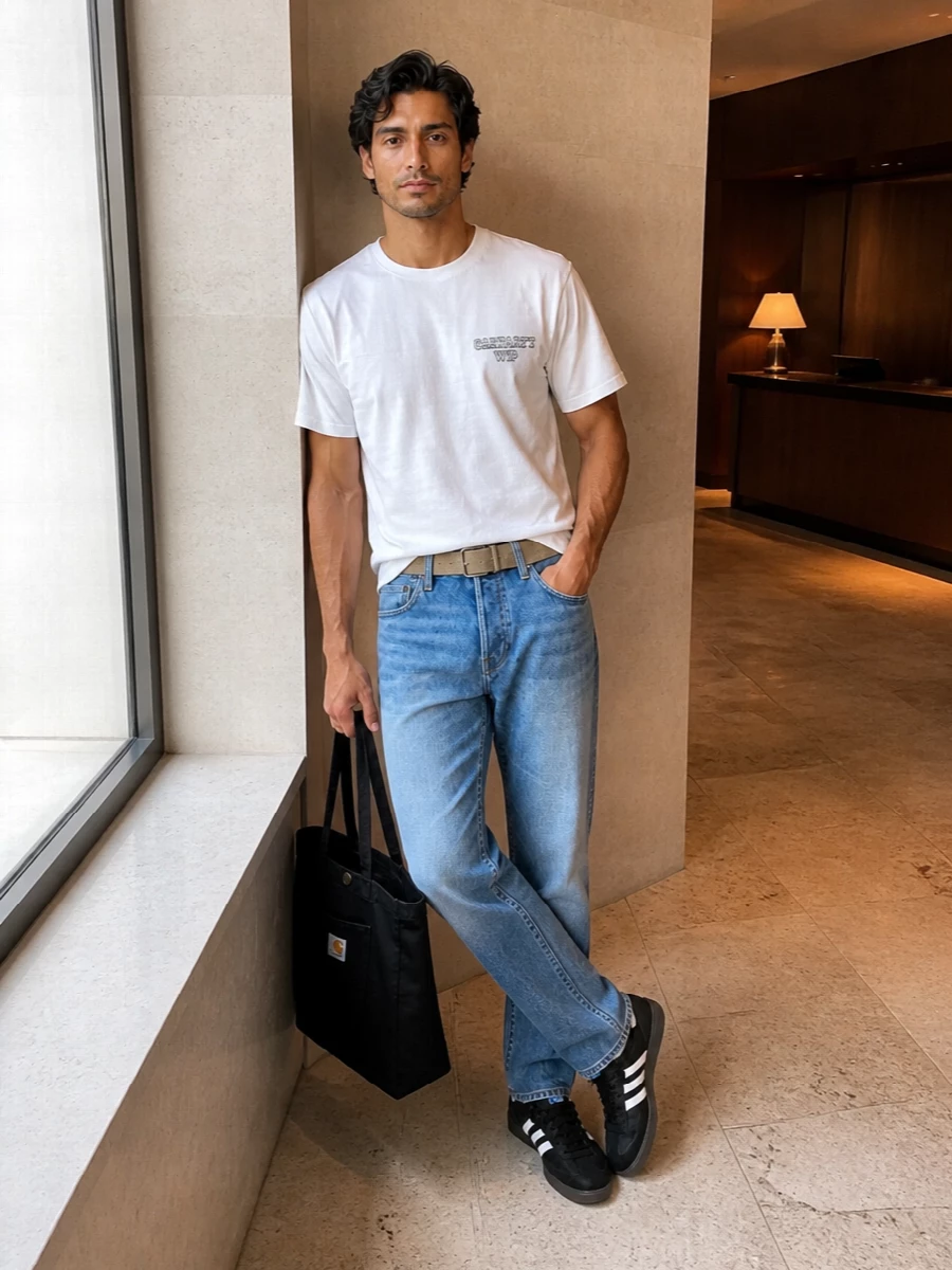 Off-white Carhartt and faded blue denim set a clean, skate-leaning base that feels easy but considered. Black terrace sneakers and a sturdy tote keep everything grounded and practical without breaking the minimalist line. A sand webbing belt adds just enough workwear texture at the waist to pull the whole mix together.