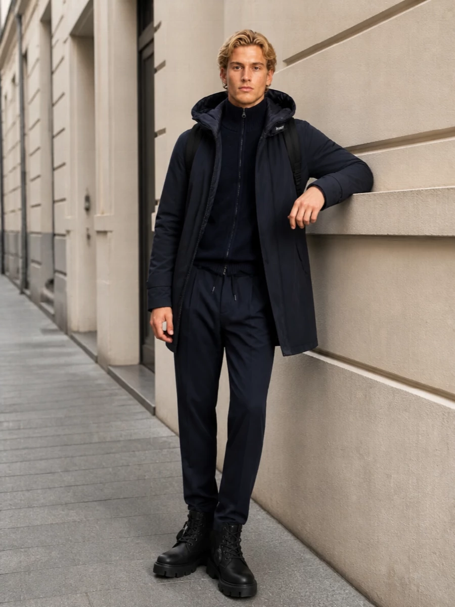 Woolrich navy parka herno trousers moncler boots