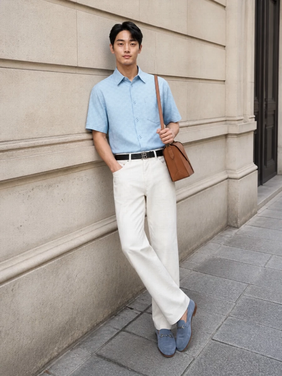 Gucci sky blue shirt ivory trousers outfit