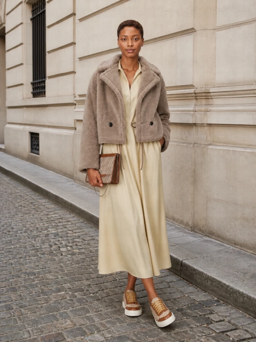 Max mara faux shearling jacket beige shirt dress