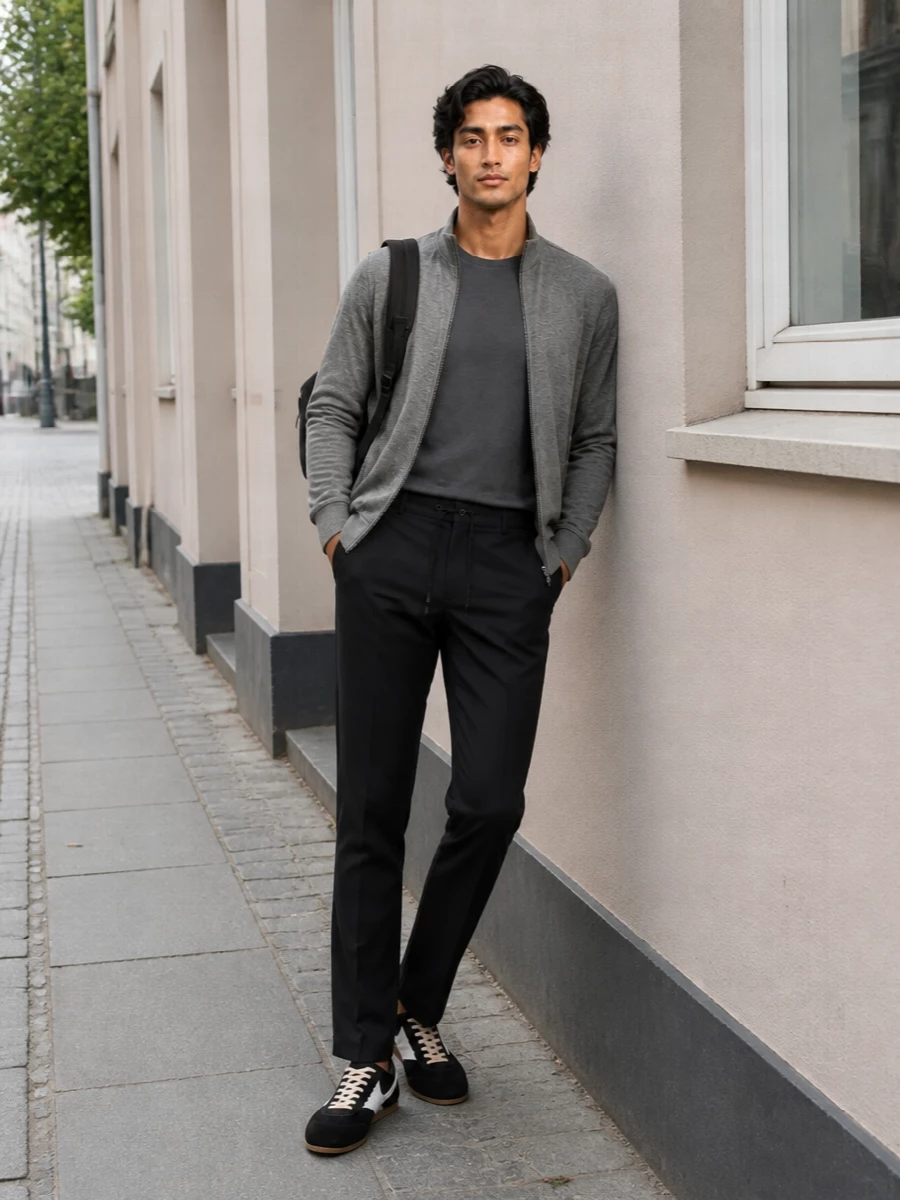 Herno grey jacket black trousers sneakers