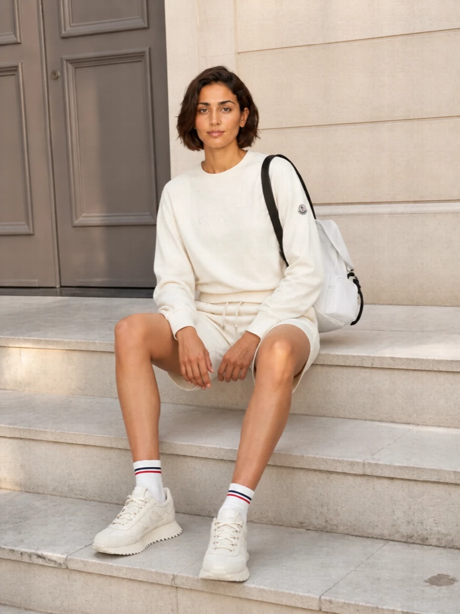 Moncler cream shorts sweatshirt sneakers outfit