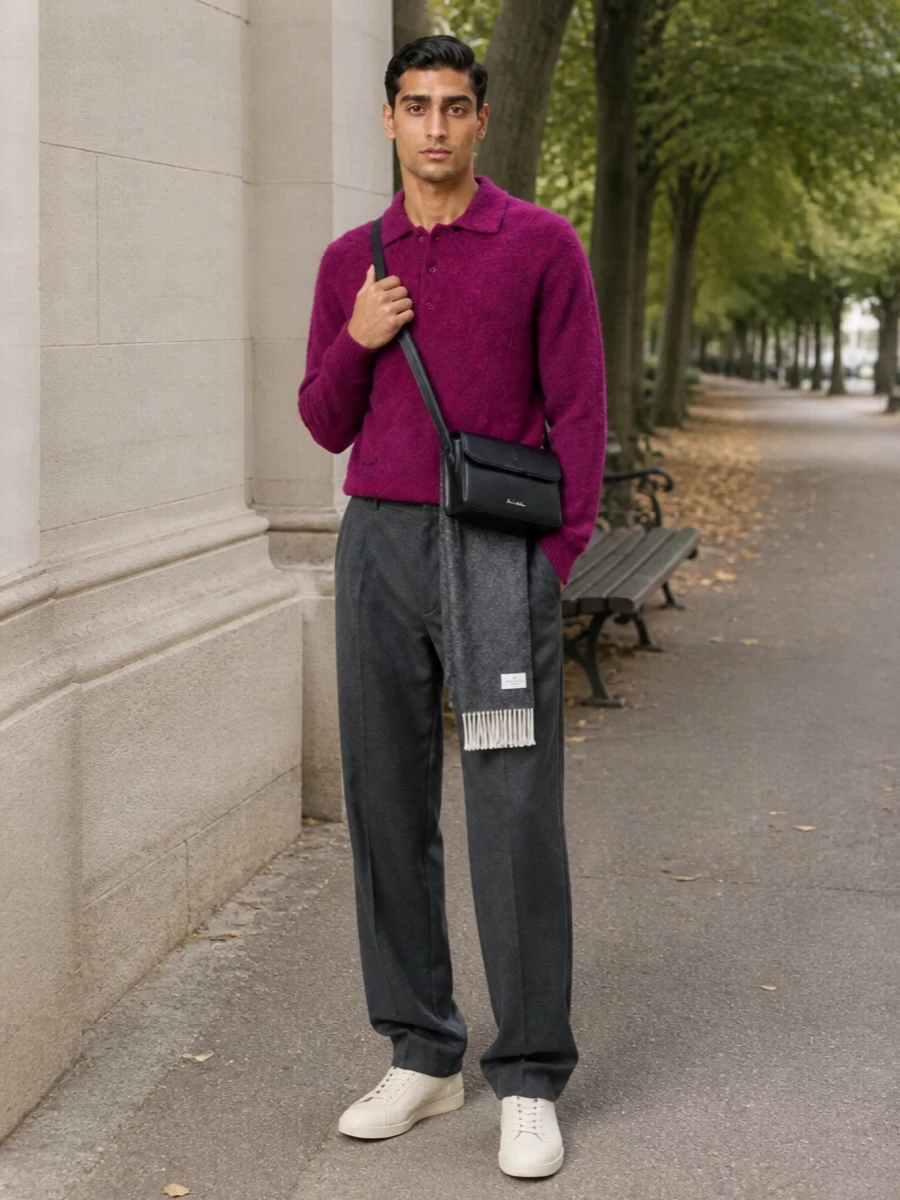 Ami paris magenta polo charcoal trousers sneakers