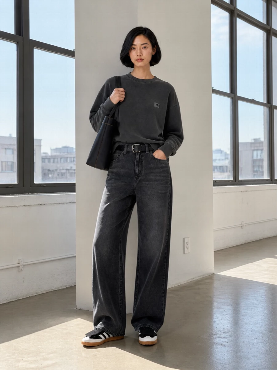 Carhartt wide leg jeans grey sweatshirt outfit