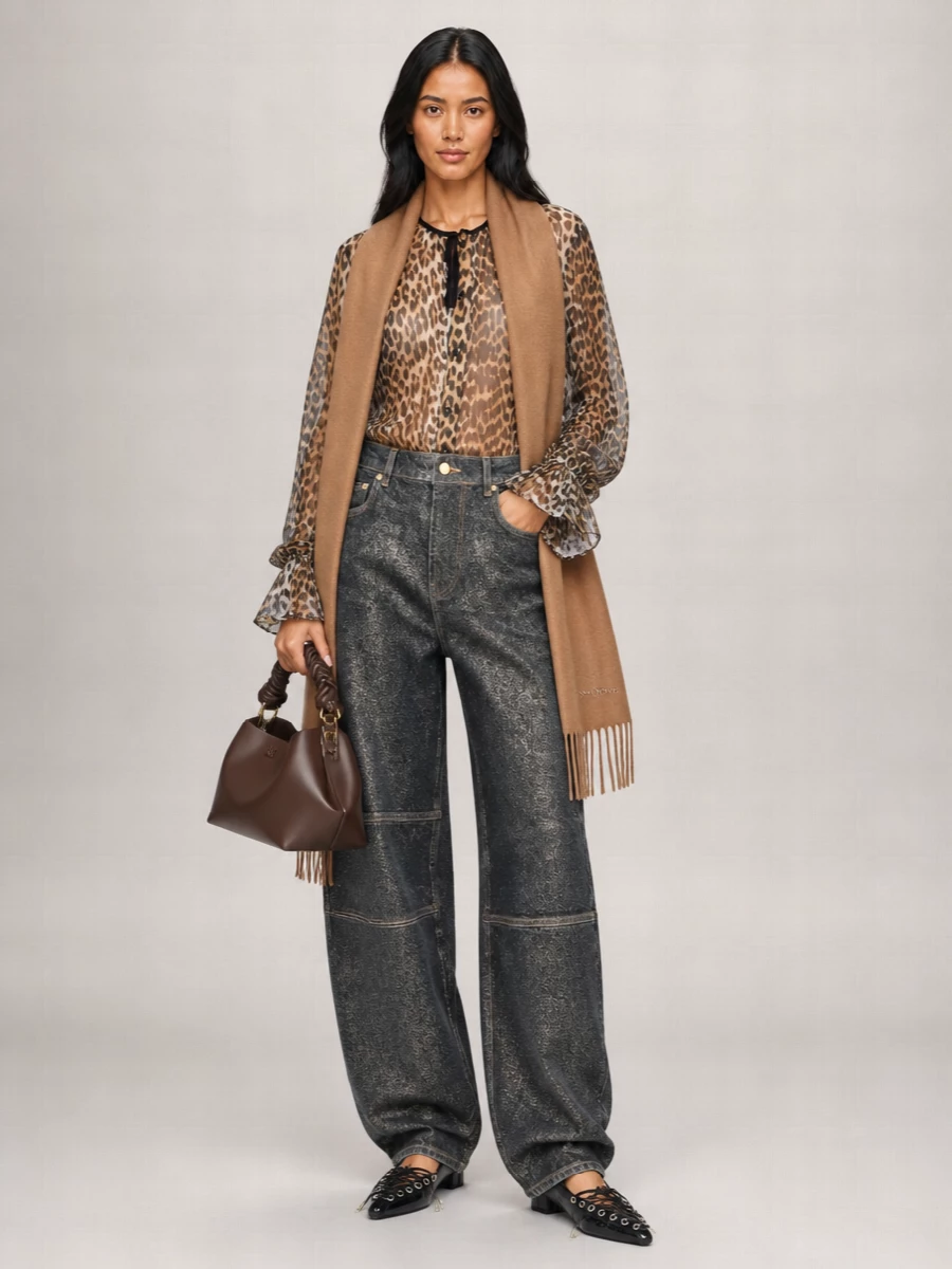 Ganni Leopard Print Viscose Long-Sleeve Blouse