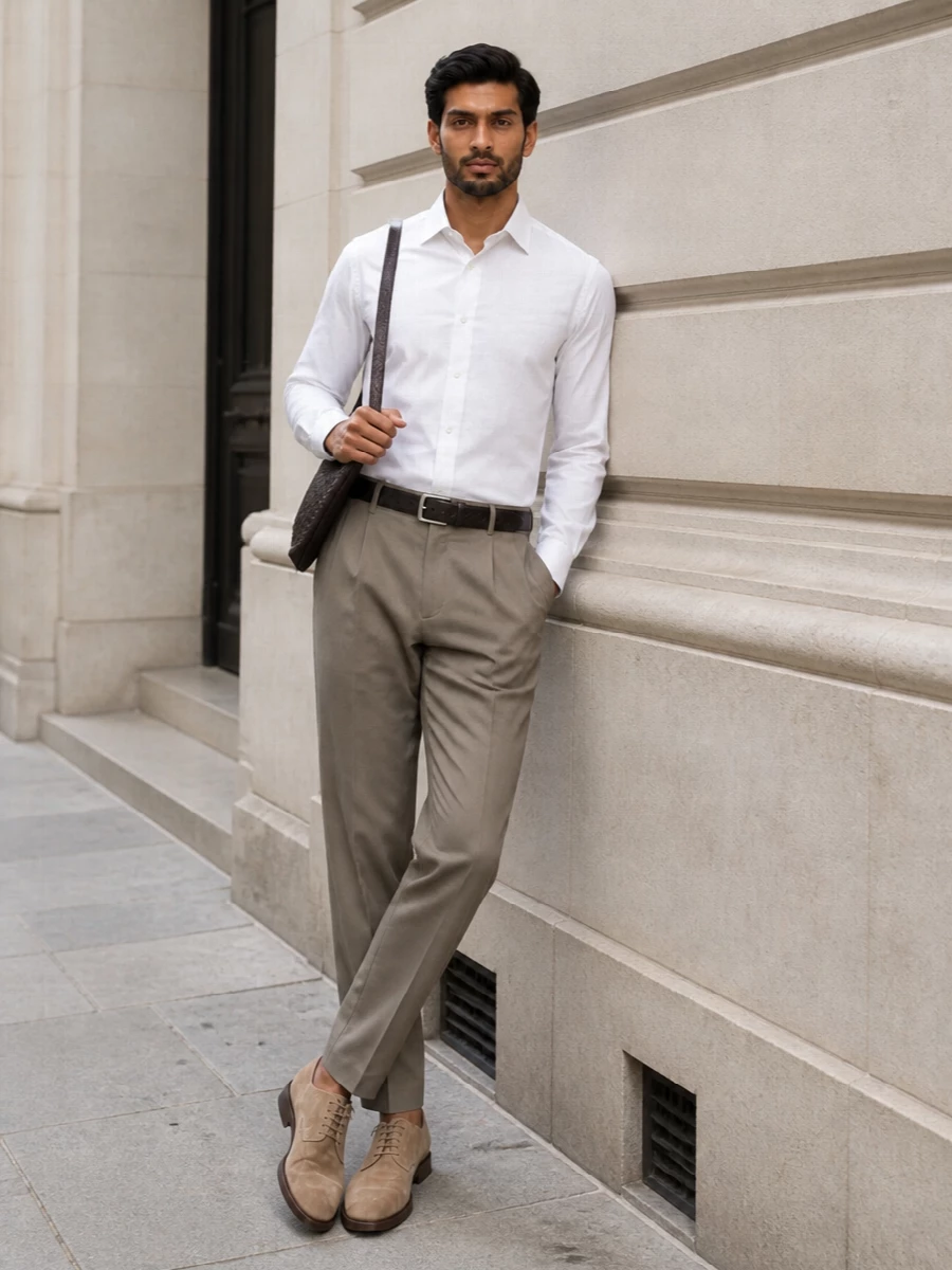 Brunello cucinelli white shirt taupe trousers outfit