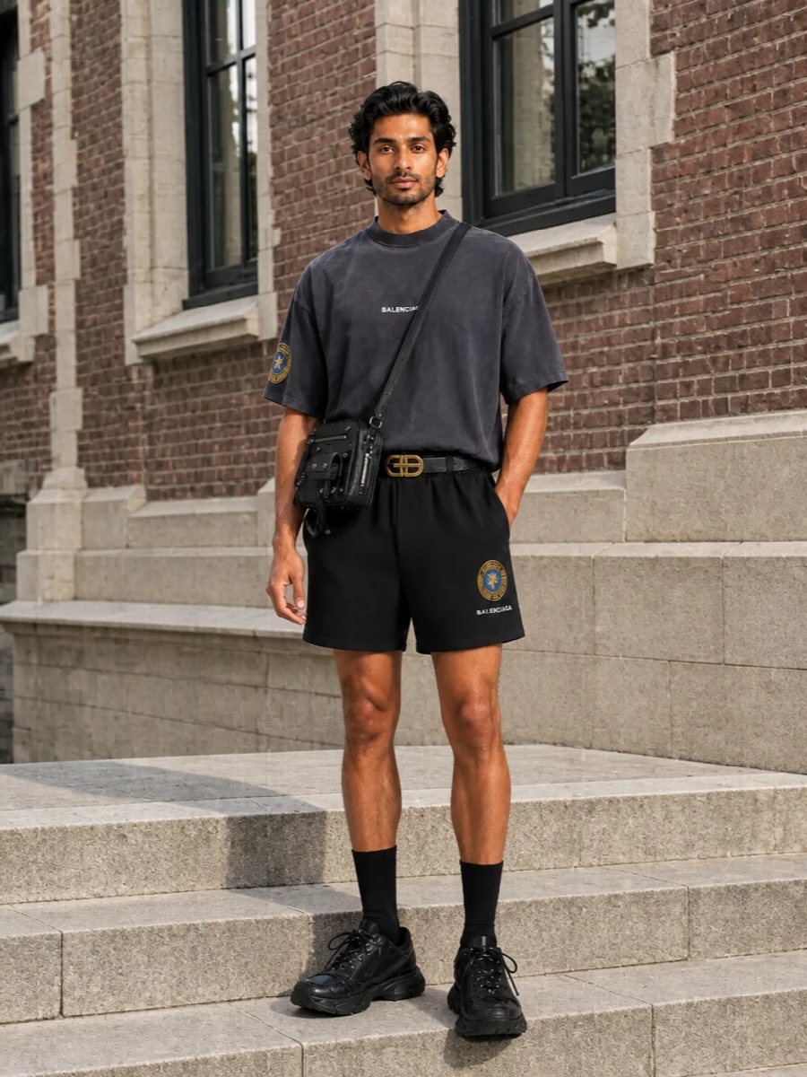 A Balenciaga crest-on-crest story in charcoal and black channels a graphic, almost uniform energy with the shorts and boxy tee working as a tight, collegiate set. Chunky all-black technical sneakers weight the silhouette, while the moto crossbody and logo belt add just enough texture and hardware to keep the outfit sharp from city runs to low-key nights out.