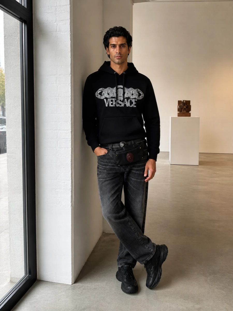 Versace black hoodie washed black jeans outfit