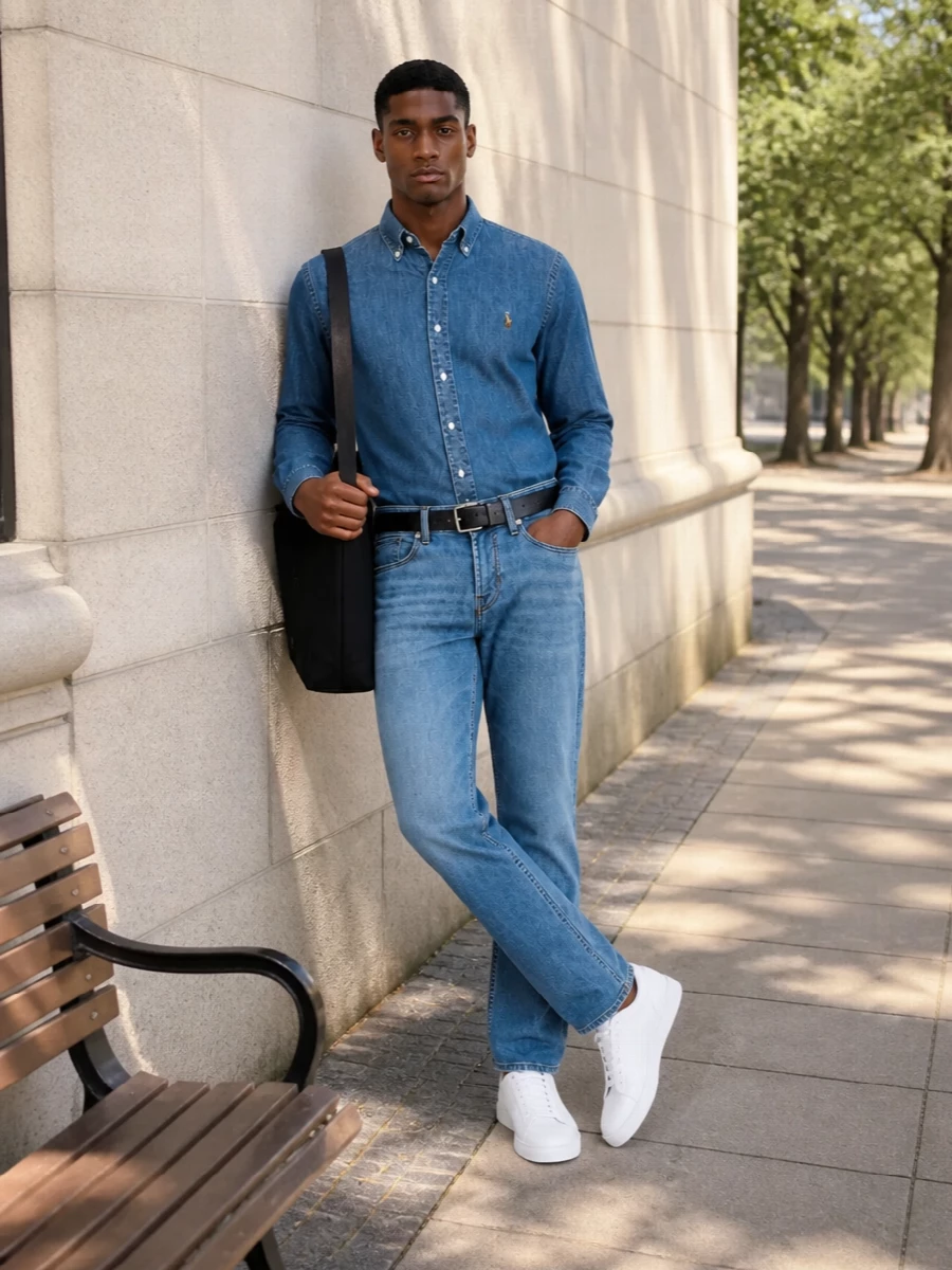 Ralph lauren denim shirt white sneakers jeans