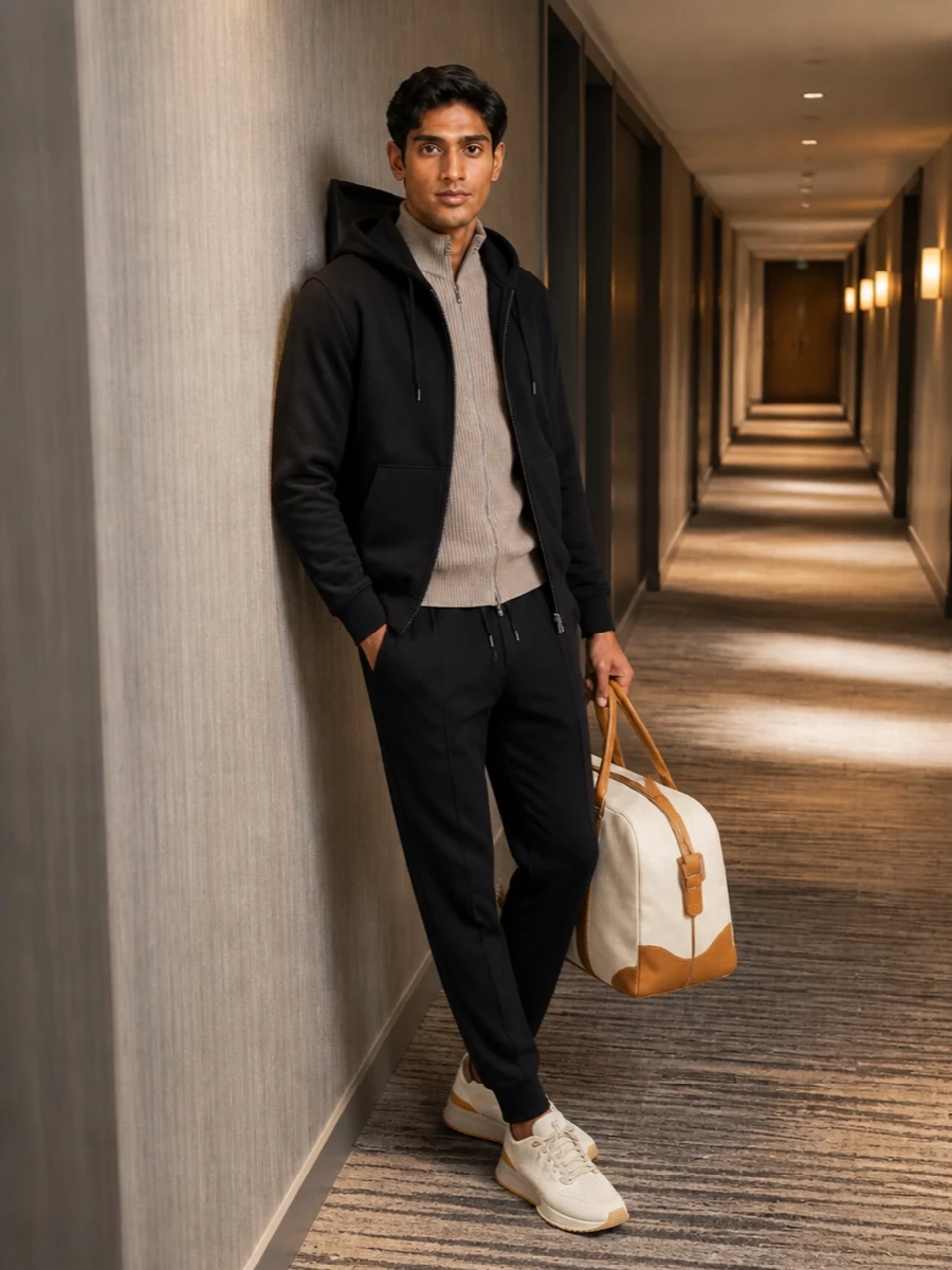 Brunello cucinelli mens hoodie jogger travel outfit