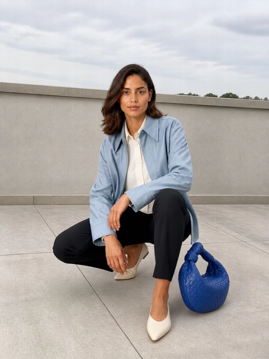 Bottega veneta powder blue shirt jacket outfit
