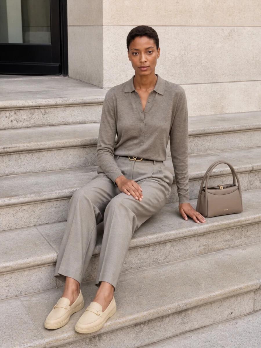 Frankie shop taupe polo pleated trousers outfit