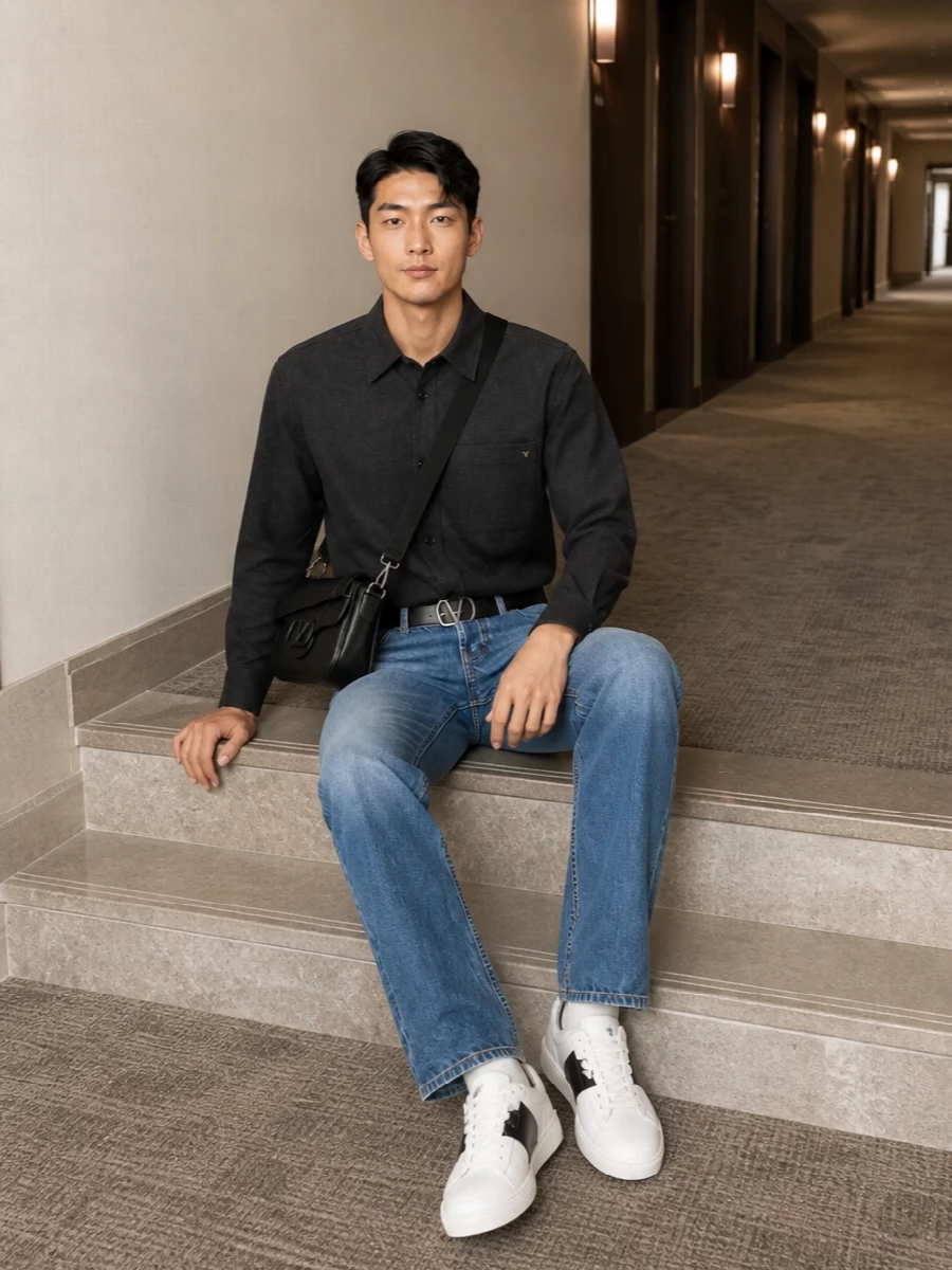 Valentino denim charcoal overshirt sneakers outfit