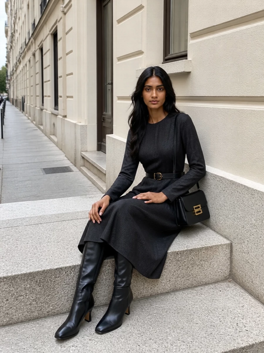 Victoria beckham charcoal midi dress black boots