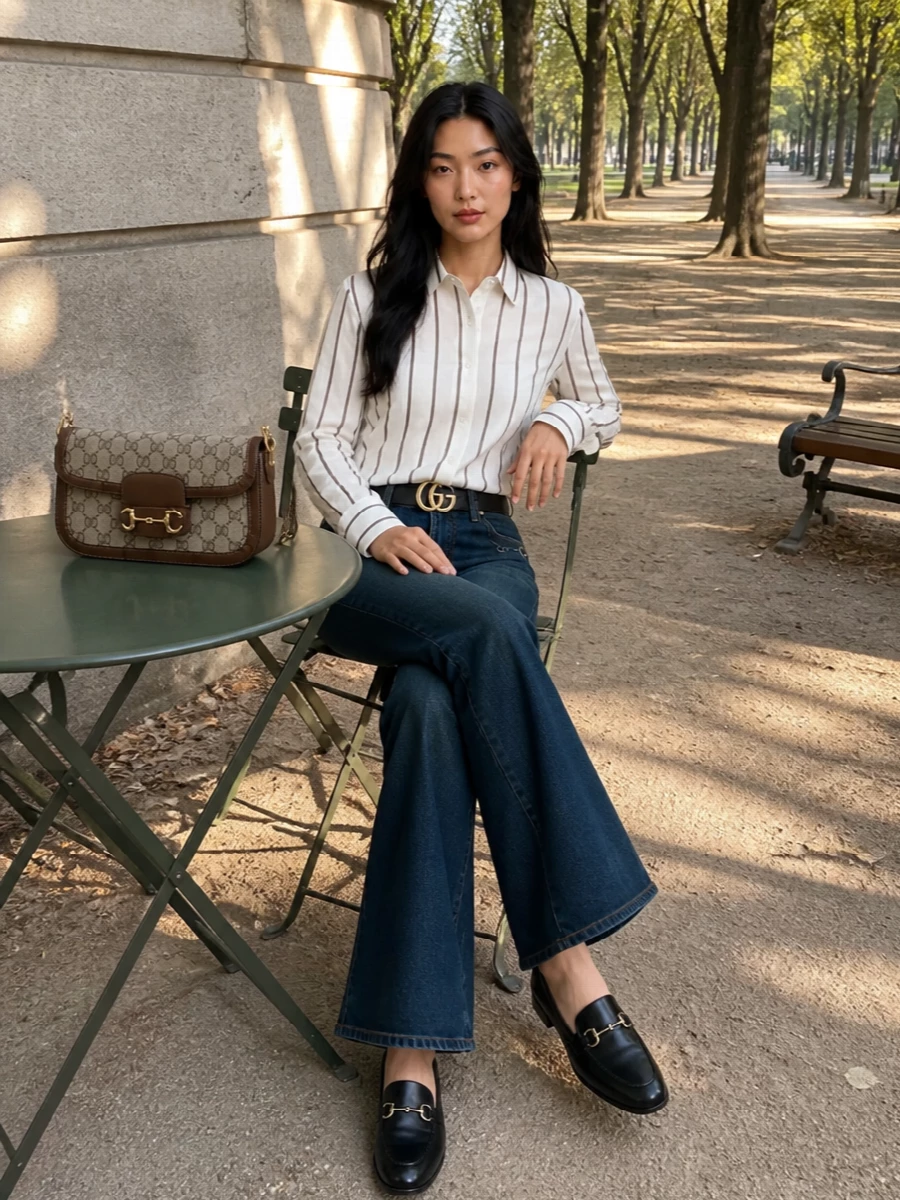 Gucci striped shirt flared jeans loafers outfit