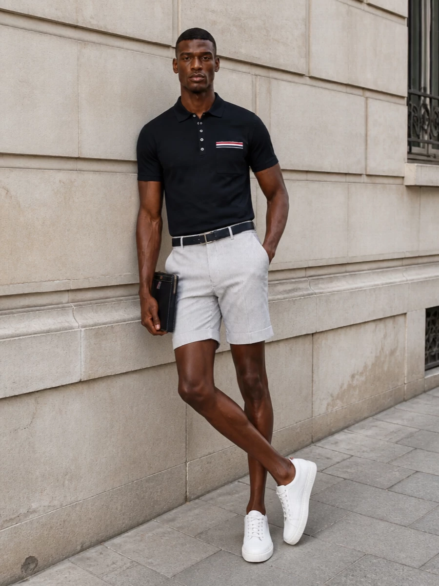 Thom browne navy polo tailored shorts outfit