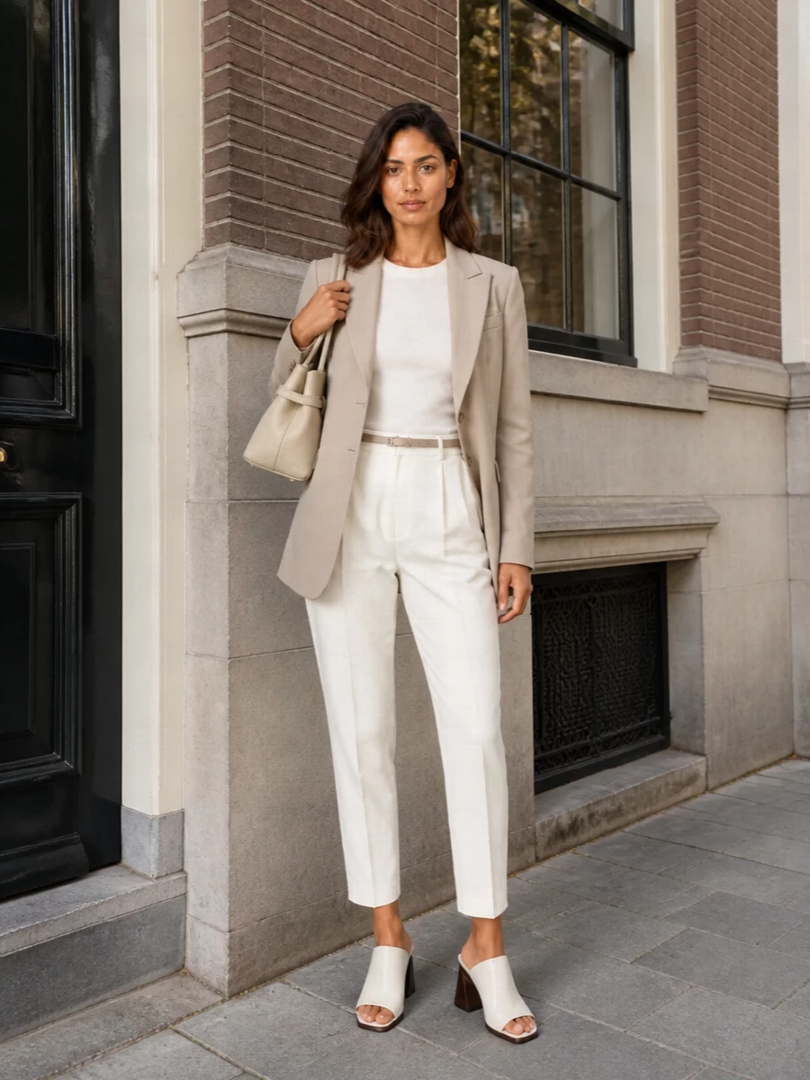 A softly tonal play on tailoring, this pairing keeps ivory and taupe in a long, clean line that feels precise yet relaxed. The cropped high-rise trouser and longline blazer create a modern proportion, grounded by sculptural mules and a structured top-handle for boardroom-to-dinner polish. A slim taupe belt finishes the waist with just enough definition to keep the silhouette intentional but unfussy.
