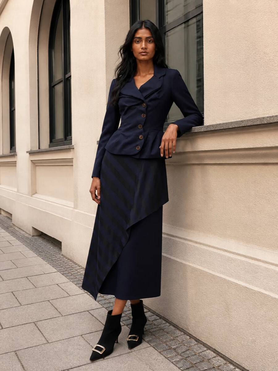Inky navy tailoring meets soft architectural drape, with the asymmetric midi skirt echoing the jacket’s sculpted waist in a longer, more fluid proportion. Black pointed ankle boots and a compact frame bag keep the palette restrained and the lines clean, giving you a sharp, quietly dramatic outfit for serious days that end at dinner. The result feels tailored, feminine and confidently precise without tipping into fussiness.