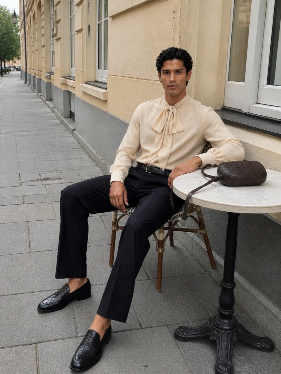 Etro bow shirt navy trousers bottega loafers
