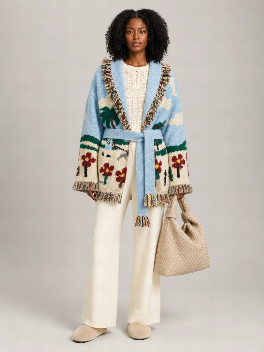 Alanui Wool Jacquard Belted Fringed Cardigan