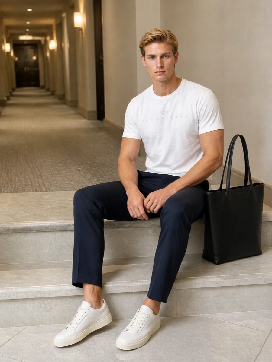 Paul shark tee apc navy trousers tods sneakers