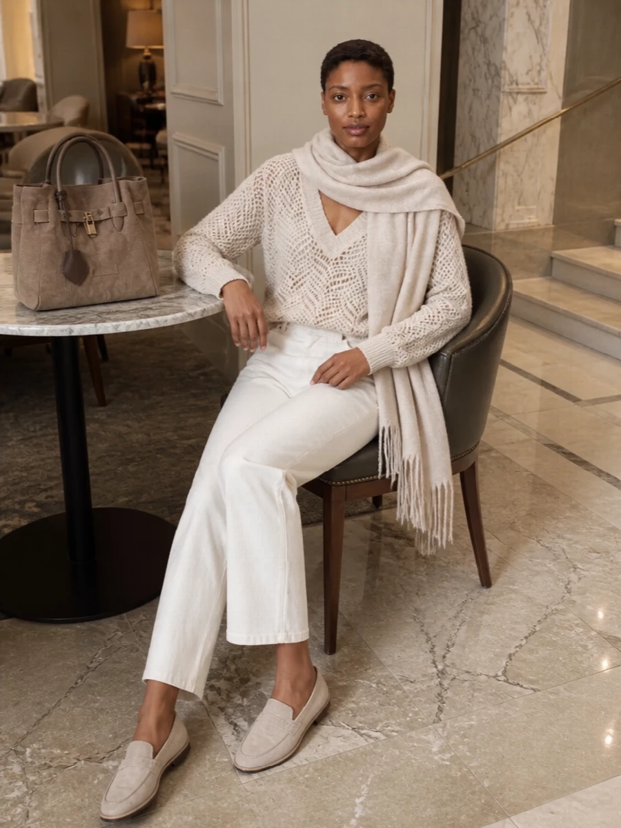 Brunello cucinelli beige sweater ivory trousers