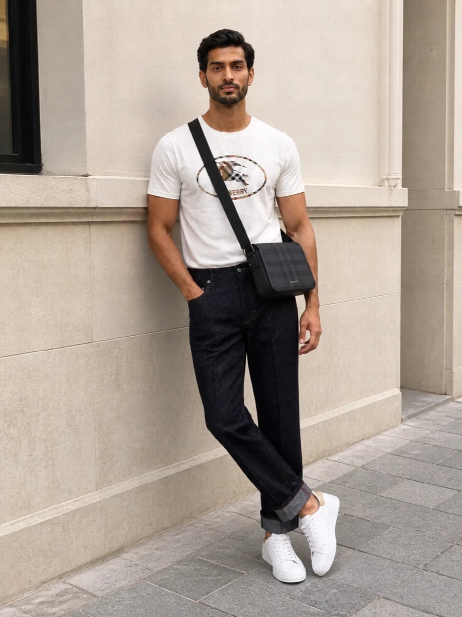 Burberry heritage crest tee indigo trousers outfit