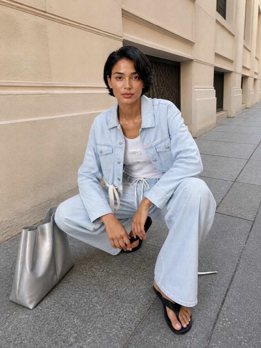 Mm6 denim jacket wide leg jeans outfit