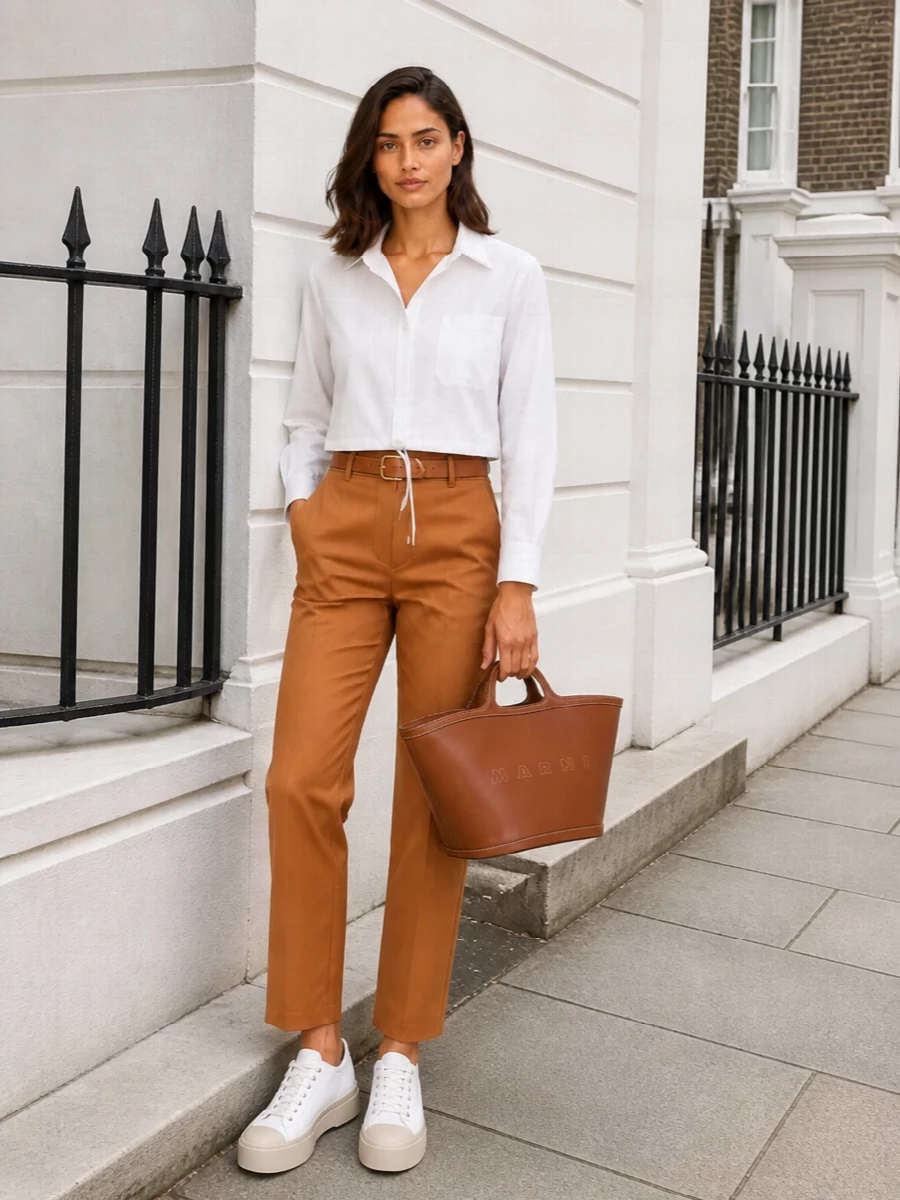 Marni caramel trousers white shirt tan tote