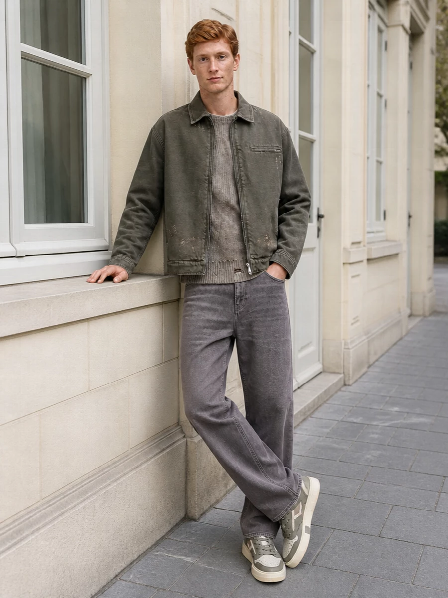 Represent olive jacket taupe jeans outfit