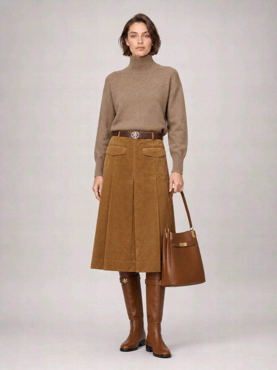 Tory Burch cotton corduroy pleated a-line midi skirt