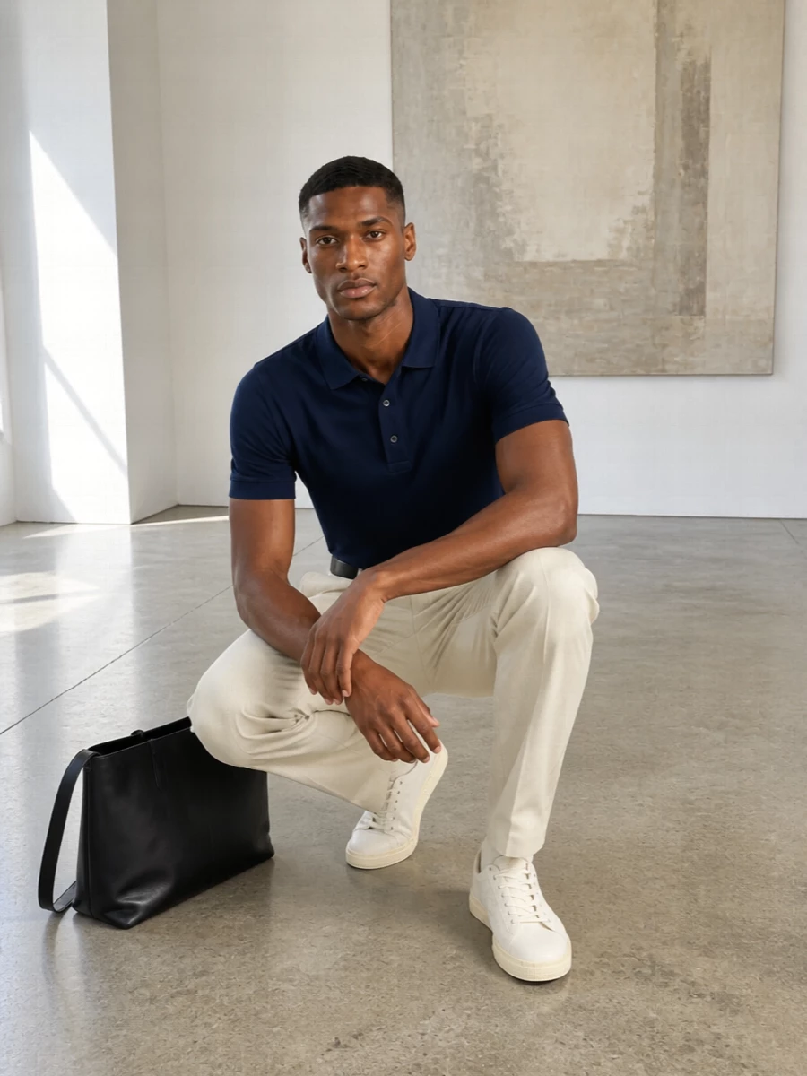 Navy and light beige keep this combination sharp yet relaxed, pairing the clean polo with a high-rise pleated trouser for a long, tailored line. Off-white sneakers soften the formality, while a black shoulder bag and subtle T-bar belt add just enough structure. It is precise city dressing that moves easily from day meetings to understated dinners.