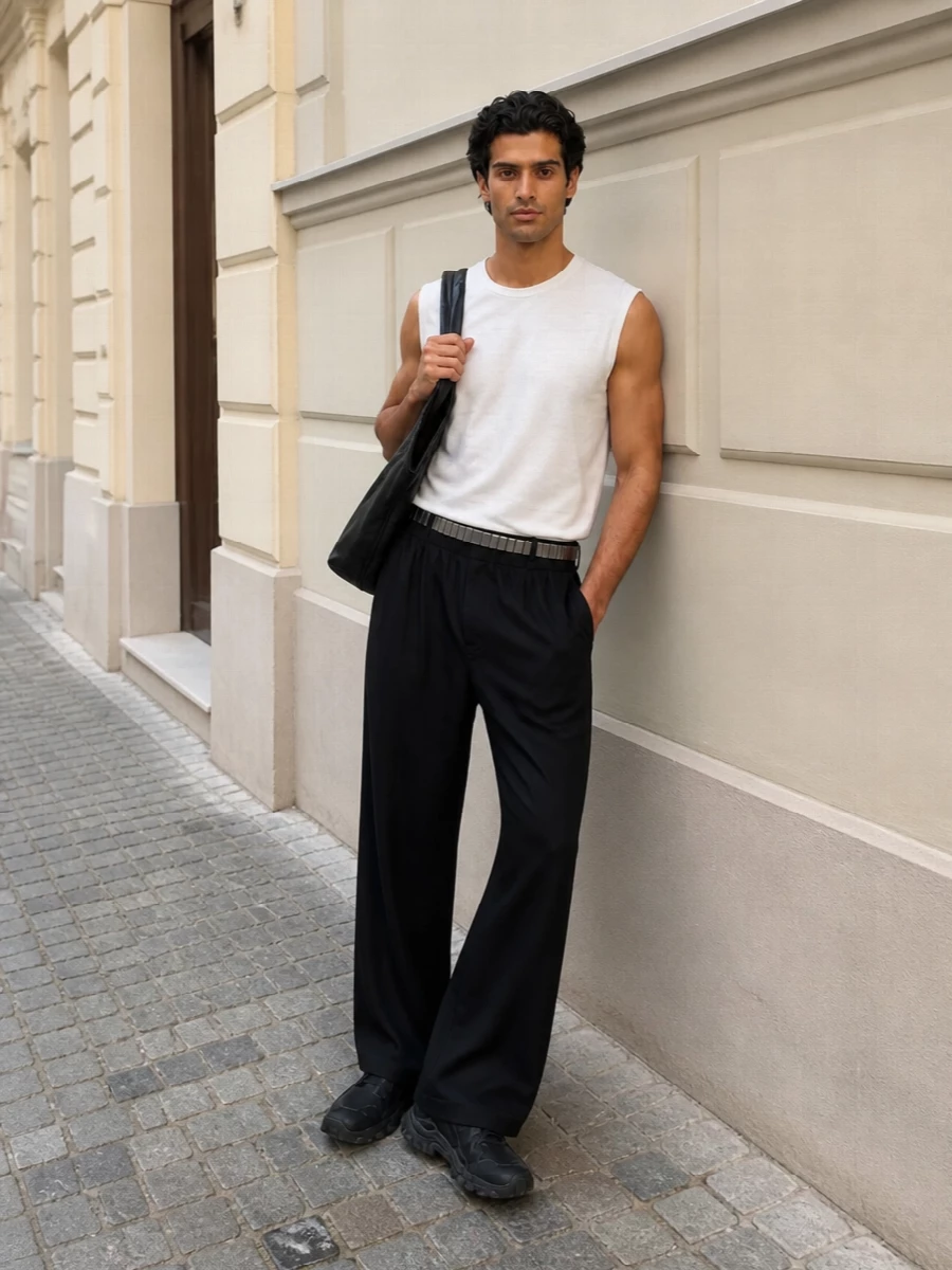 A crisp white sleeveless tee drops into relaxed black wide-leg trousers for a clean, vertical line that feels modern without reading precious. Tonal black accessories and trail-inspired sneakers keep the energy grounded and quietly technical, so the silhouette does the talking. The result is a calm, design-forward uniform that moves easily from studio days to city evenings in warm weather.