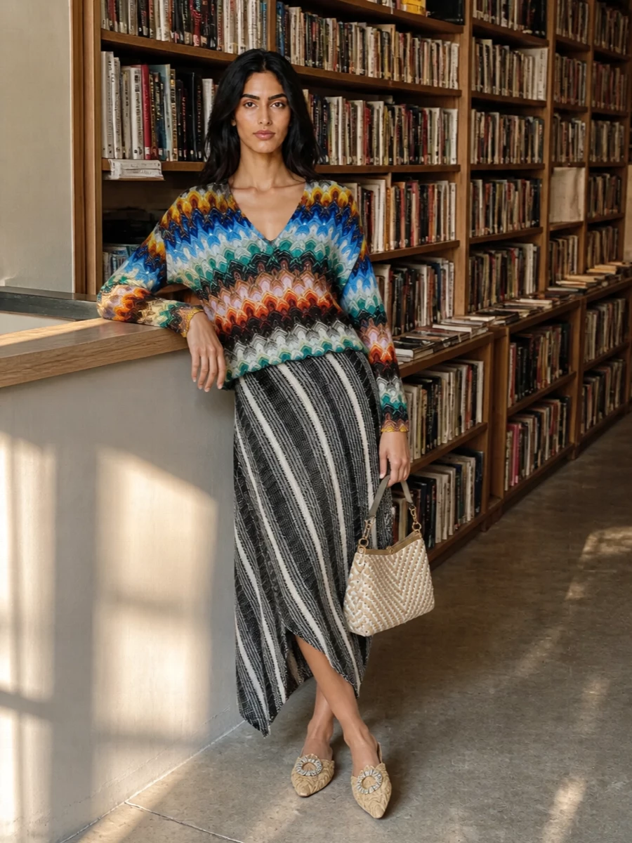 Missoni’s chevron V‑neck is grounded with a monochrome asymmetric knit skirt, letting the colour and texture feel artful rather than busy. Raffia mules and a structured woven top‑handle keep everything light but polished, perfect for seaside lunches that roll into evening drinks. The palette sits in sun-warmed neutrals with just enough shimmer to read quietly glamorous.