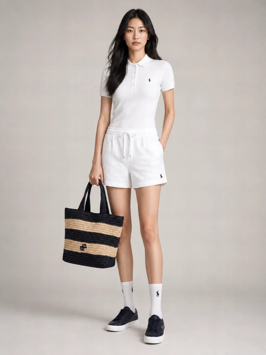 A crisp white-on-white Polo Ralph Lauren pairing framed by navy details keeps the mood clean, sporty and quietly polished. Navy sneakers and a striped raffia tote pull the palette together, giving the relaxed short-and-polo combination an easy coastal preppy attitude for travel days, city walks or terrace lunches.