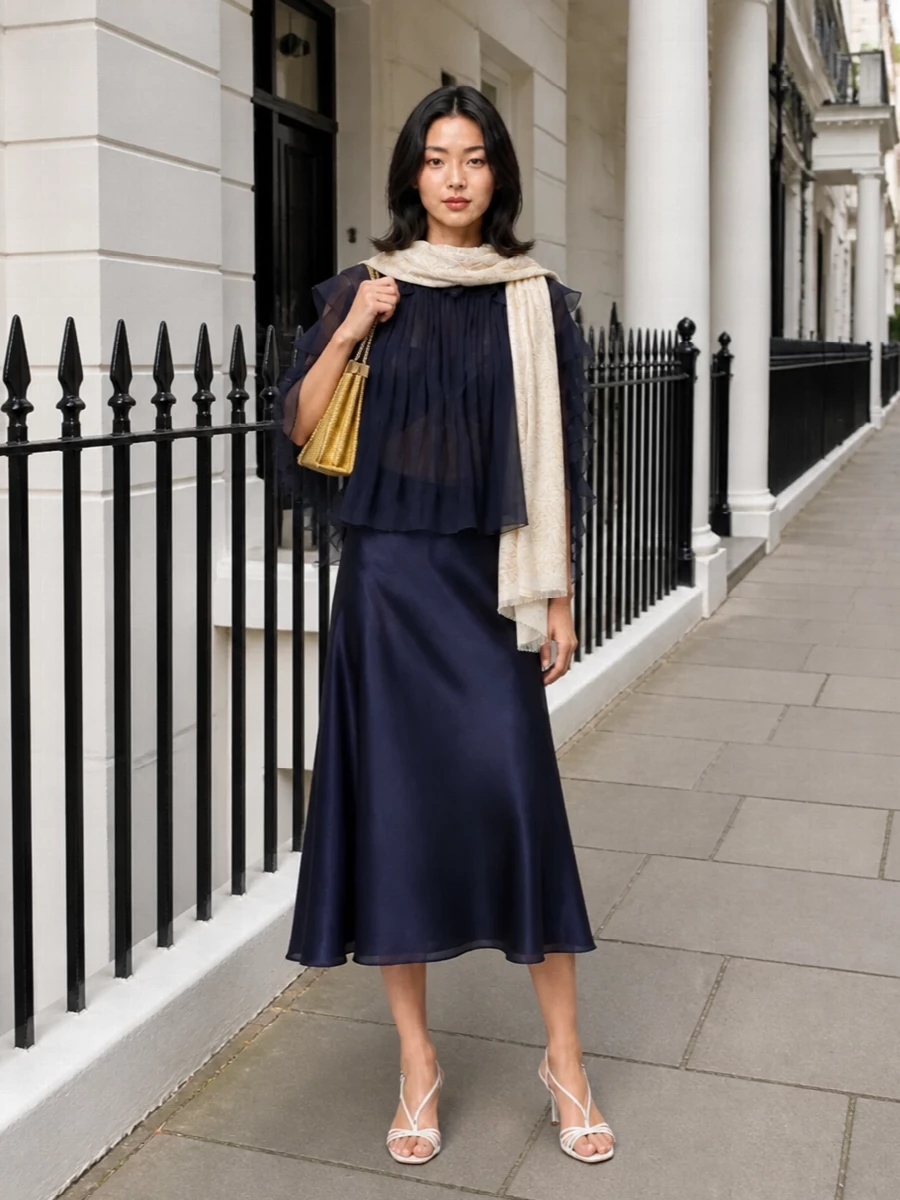 Alberta ferretti navy chiffon blouse satin skirt